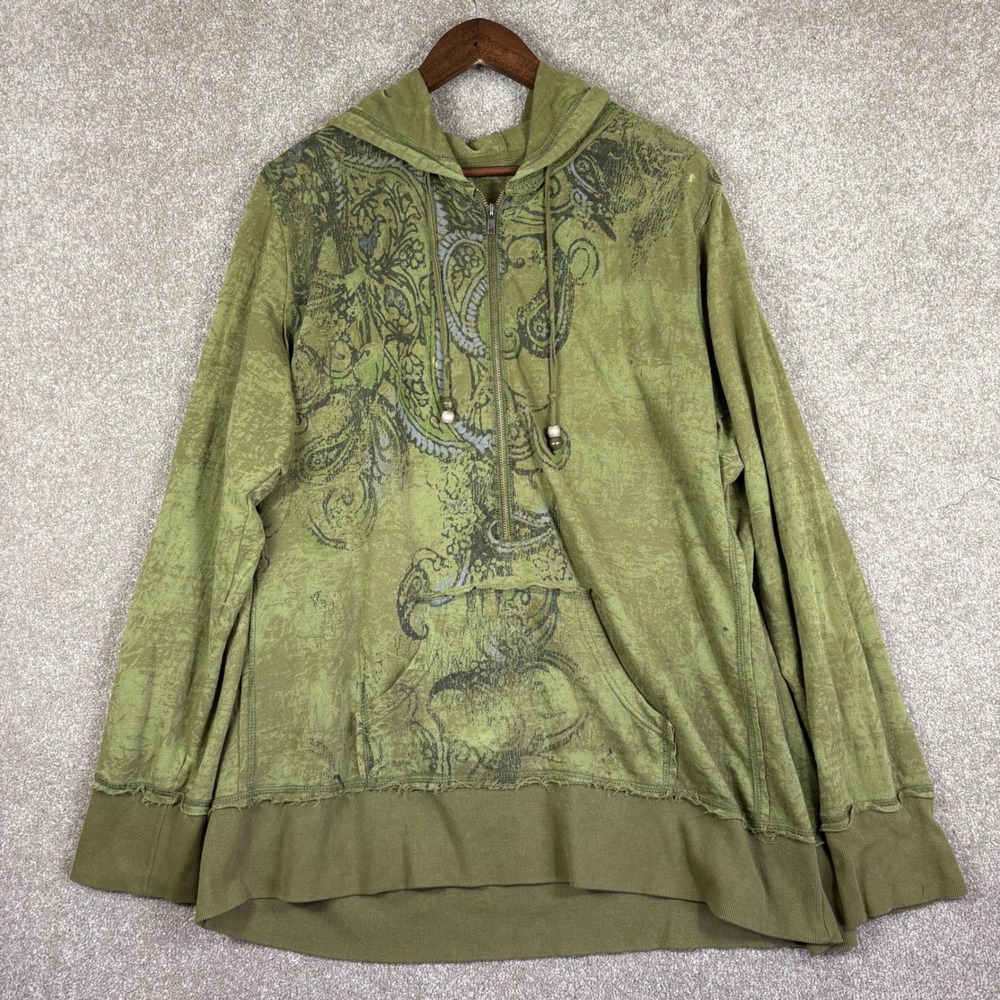 Maurices Olive Green Paisley Graphic Zip Hoodie Raw Hem Boho Pullover Large